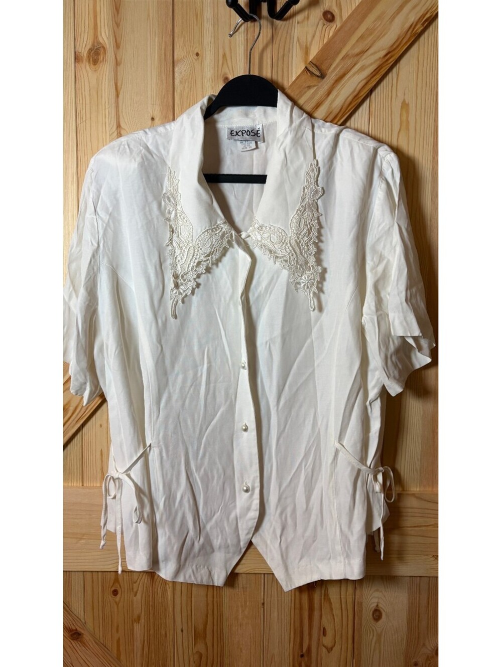 Vintage Expose White/Cream Button-Up Blouse with Lace Collar 2X